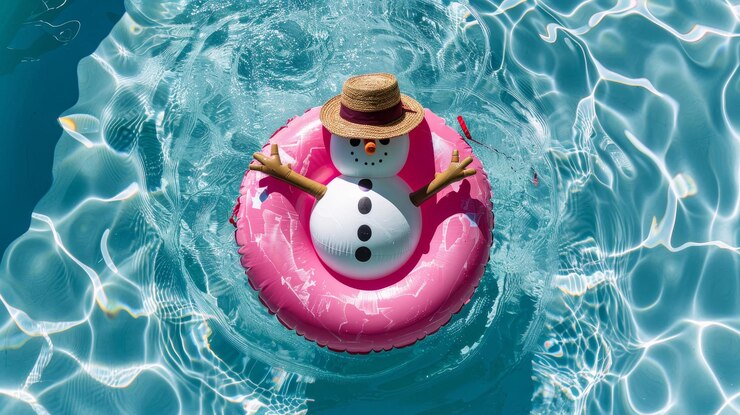 Photo inflatable snowman toy with straw hat in sparkling blue swimming pool summer christmas