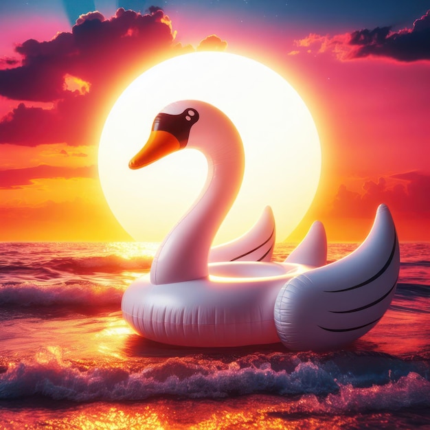 Inflatable swan in the sea on the background of sunset