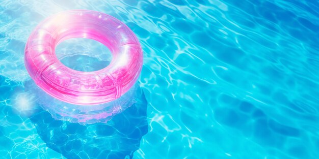 Photo inflatable swim pink ring on the water swimming pool top view colorful summer background