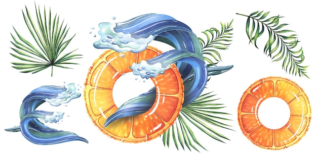 Inflatable swimming ring with orange print sea wave and tropical palm leaves Watercolor illustration