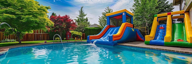 Inflatable water slides by residential pool in suburban backyard Family fun summer activities