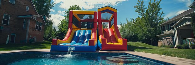 Inflatable water slides by a swimming pool in a backyard Residential outdoor fun concept