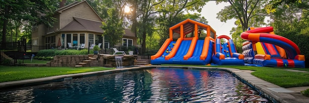 Inflatable water slides by a swimming pool in a backyard Residential outdoor fun concept