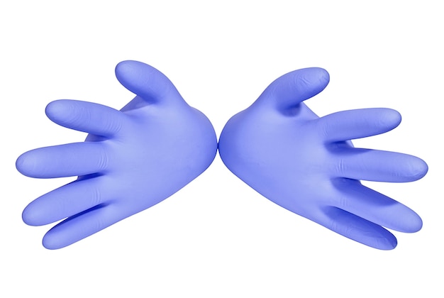 Inflated blue latex gloves on white background Medicine and healthcare