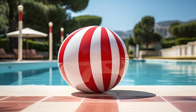 Foto una palla rossa e bianca gonfiata sul bordo della piscina in stile grigio chiaro e