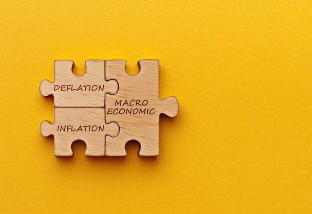 Inflation dan deflation on wooden puzzle isolated in ywllow background macro economic concept