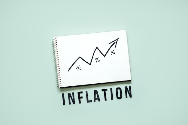 Inflation financial crisis concept growing up black arrow on open notepad and word inflation on blue