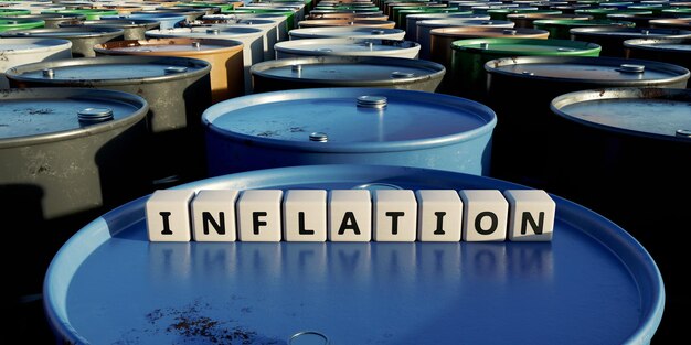 Photo inflation and metal oil barrels 3d rendering