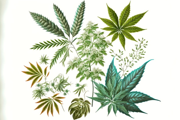 Inflorescences and branches with cannabis plants leaves on white background