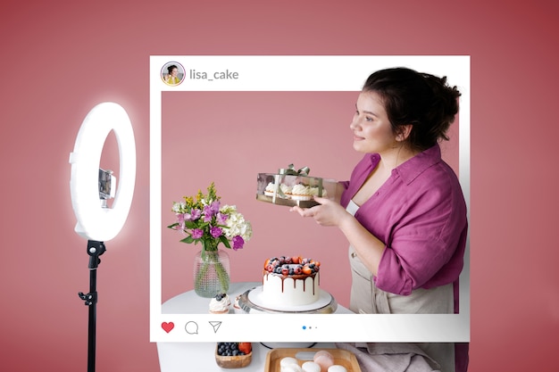 Photo influencer cooking and posting on social media