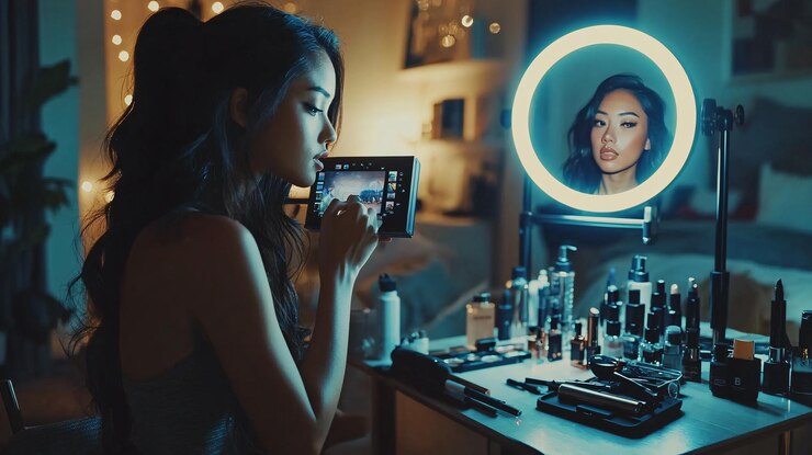 Photo influencer filming makeup tutorial for social media