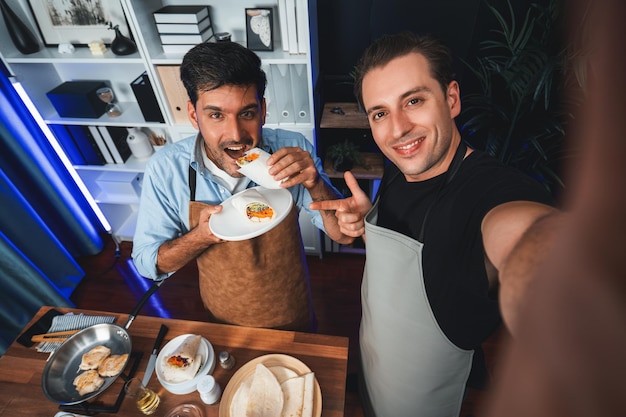 Influencers presenting salad roll powder in selfee with smartphone Sellable