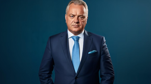 Influential male politician in suit on blue background