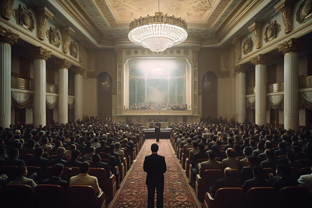 Foto un influente leader politico conduce un seminario in un grandioso edificio governativo affrontando i problemi più urgenti della nazione ia generativa