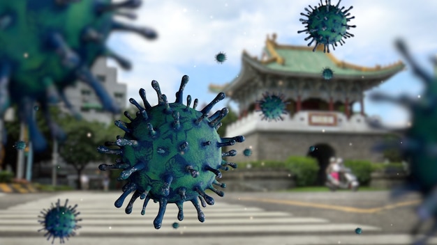 Photo influenza covid 19 virus with beautiful auxiliary south gate in taipei as dangerous flu