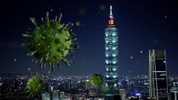 Influenza Covid19-virus met mooie en moderne hoge toren van Taipei 's nachts