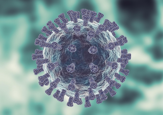 抽象的な背景、拡大顕微鏡で分離されたインフルエンザウイルスH3N2。 3Dレンダリング