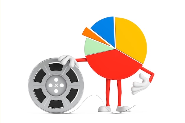 Info Graphics Business Pie Chart Character Person with Film Reel Cinema Tape 3D Rendering