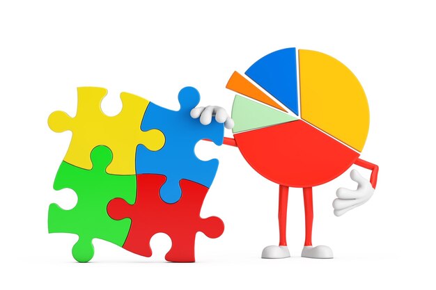 Photo info graphics business pie chart character person with four pieces of colorful jigsaw puzzle 3d rendering