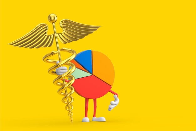 Info Graphics Business Pie Chart Character Person with Golden Medical Caduceus Symbol 3D Rendering