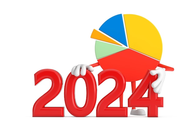 Foto info graphics business pie chart character person con il segno rosso del nuovo anno 2024 su sfondo bianco rendering 3d