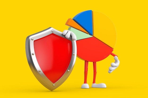 Info graphics business pie chart character person with red metal protection shield 3d rendering