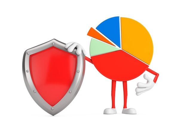 Info Graphics Business Pie Chart Character Person with Red Metal Protection Shield 3d Rendering