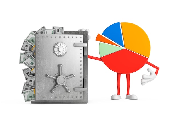 Info Graphics Business Pie Chart Character Person with Vault of Safe Box Full of Dollar Bills 3D Rendering