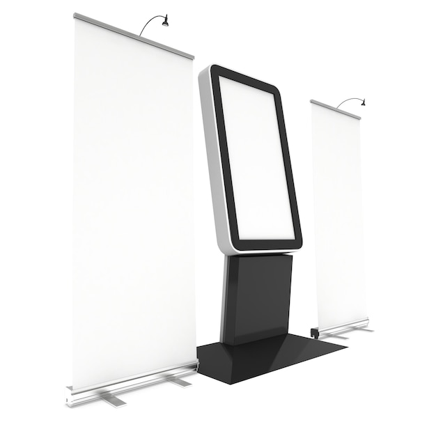 Info LCD screen floor stand with rollup banners