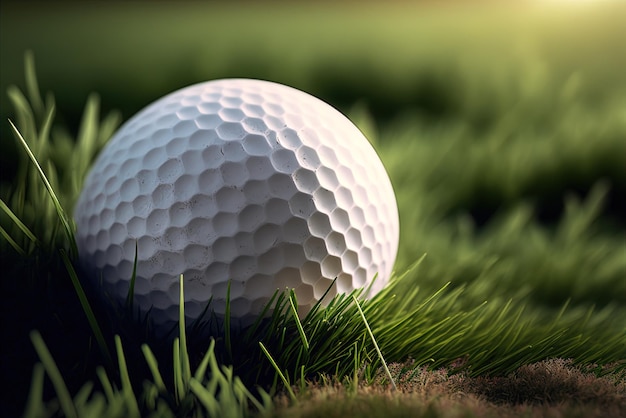 Infocus image of a golf ball set on a green golf course backdrop