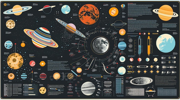 Photo an infographic of the solar system the infographic includes the planets their sizes distances from the sun and other information