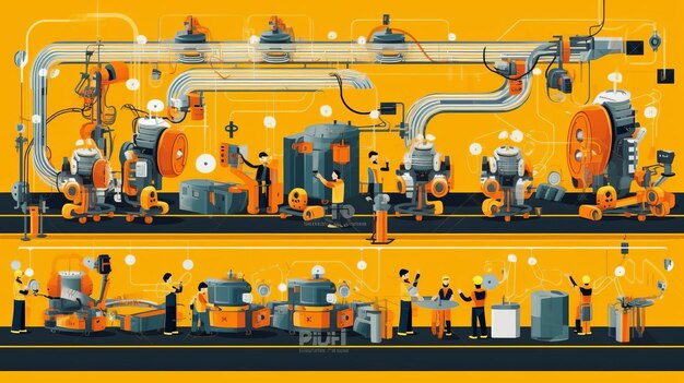 Infographic van assemblagelijn met robotic arms control door ingenieur telephoto lens