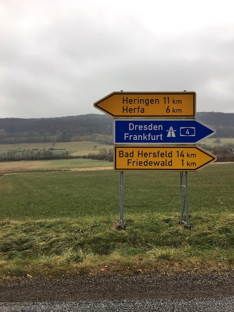 Informatiebord op landbouwveld tegen de lucht