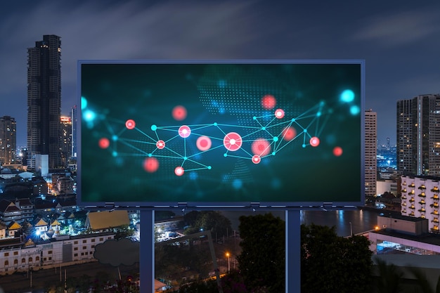 Informatiestroom hologram op weg billboard nacht panorama uitzicht op de stad van Bangkok Het grootste technologische centrum in Zuidoost-Azië Het concept van programmeerwetenschap