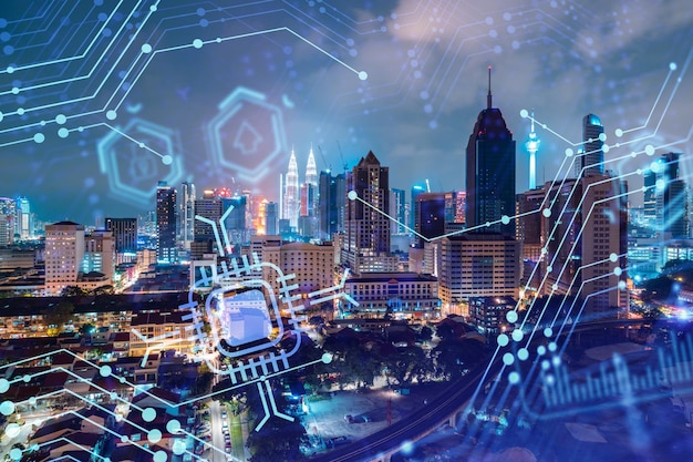 information flow hologram night panorama city view of kuala lumpur kl is the largest technological center in malaysia asia the concept of programming science double exposure