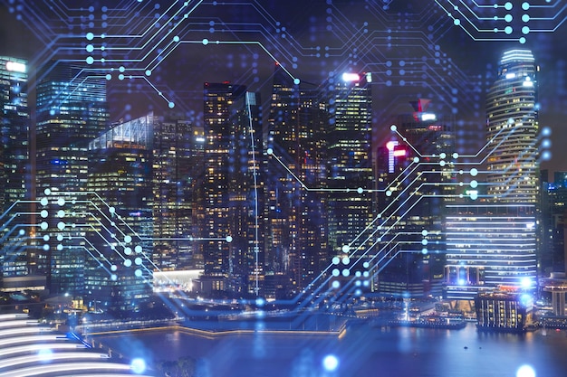 Information flow hologram night panorama city view of Singapore The largest technological center in Asia The concept of programming science Double exposure