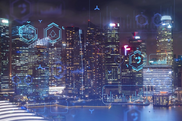 아시아 최대의 기술 센터인 싱가포르의 정보 흐름 홀로그램 야간 파노라마 도시 전망 프로그래밍 과학의 개념 이중 노출