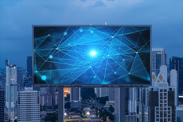 Information flow hologram on road billboard night panorama city view of Kuala Lumpur KL is the largest technological center in Malaysia Asia The concept of programming science