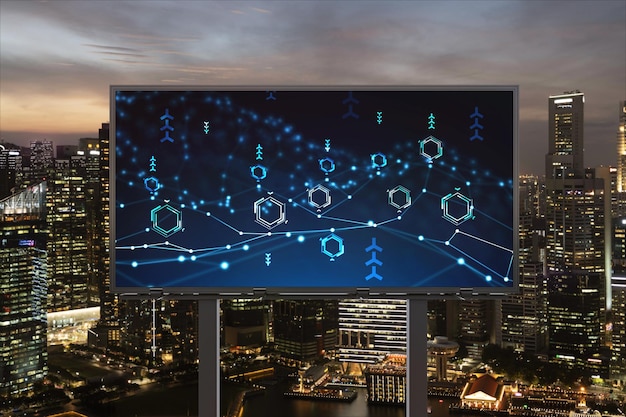 Information flow hologram on road billboard night panorama city view of Singapore The largest technological center in Southeast Asia The concept of programming science