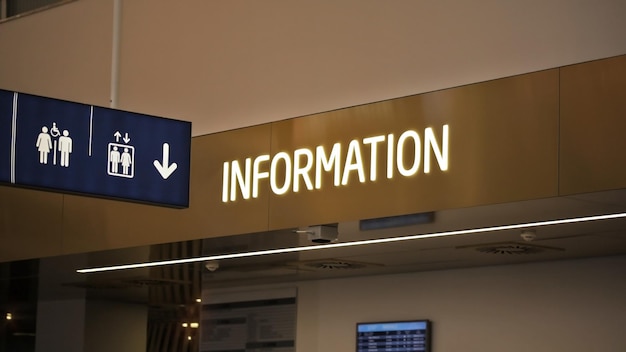 Фото Неоновая этикетка «информация» над стойкой информационного пункта и пиктограмма подвесных туалетов и лифтов в зале аэропорта.