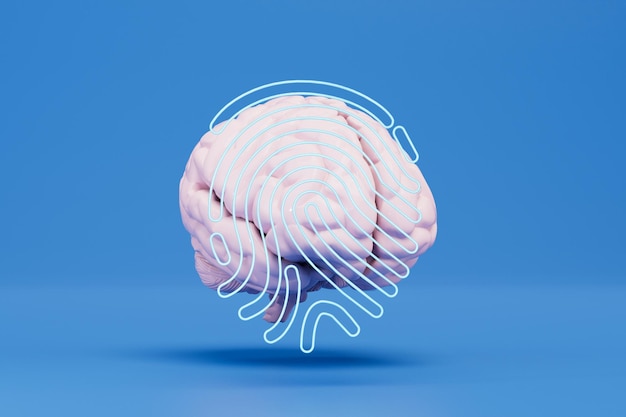 Foto cervello di protezione delle informazioni su cui impronta biometrica su sfondo blu rendering 3d