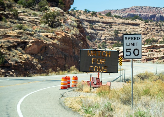 Photo information sign on road by mountains