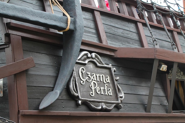 Photo information sign on wooden wall