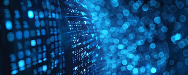 Photo information technology and blue digital binary data network with coding and software algorithm programing as blue data flow abstract datum background banner