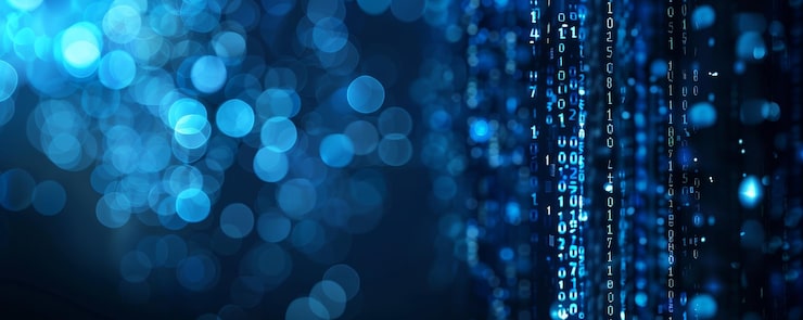Photo information technology and blue digital binary data network with coding and software algorithm programing as blue data flow abstract datum background banner