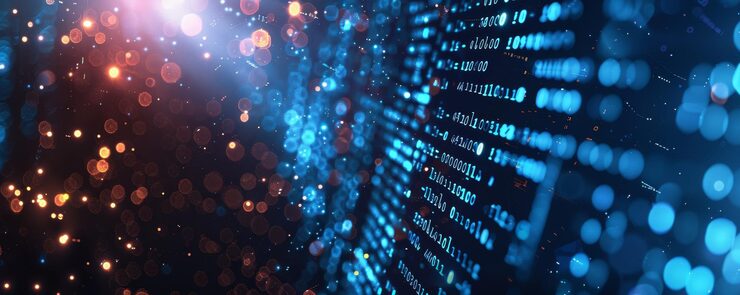 Photo information technology and blue digital binary data network with coding and software algorithm programing as blue data flow abstract datum background banner