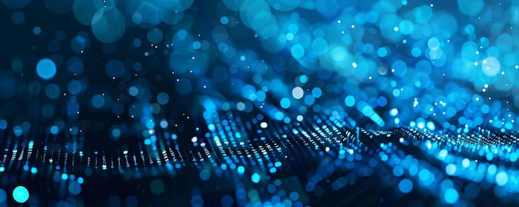 Photo information technology and blue digital binary data network with coding and software algorithm programing as blue data flow abstract datum background banner