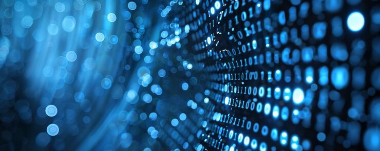 Photo 정보 기술 및 파란색 디지털 이진 데이터 네트워크 코딩 및 소프트웨어 알고리즘 프로그래밍으로 파란 데이터 흐름 추상 데이터 배경 배너