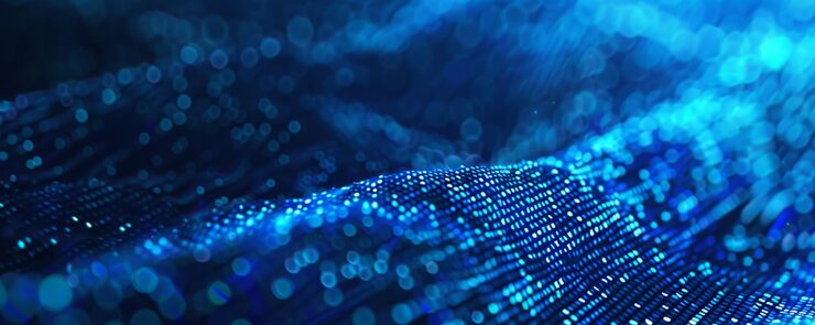 Photo 정보 기술 및 파란색 디지털 이진 데이터 네트워크 코딩 및 소프트웨어 알고리즘 프로그래밍으로 파란 데이터 흐름 추상 데이터 배경 배너