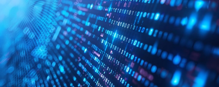 Photo information technology and blue digital binary data network with coding and software algorithm programing as blue data flow abstract datum background banner